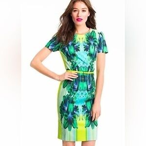 Elie Tahari Angie Mirror Orchid Printed Sheath Midi Dress in Lime Green Size 2